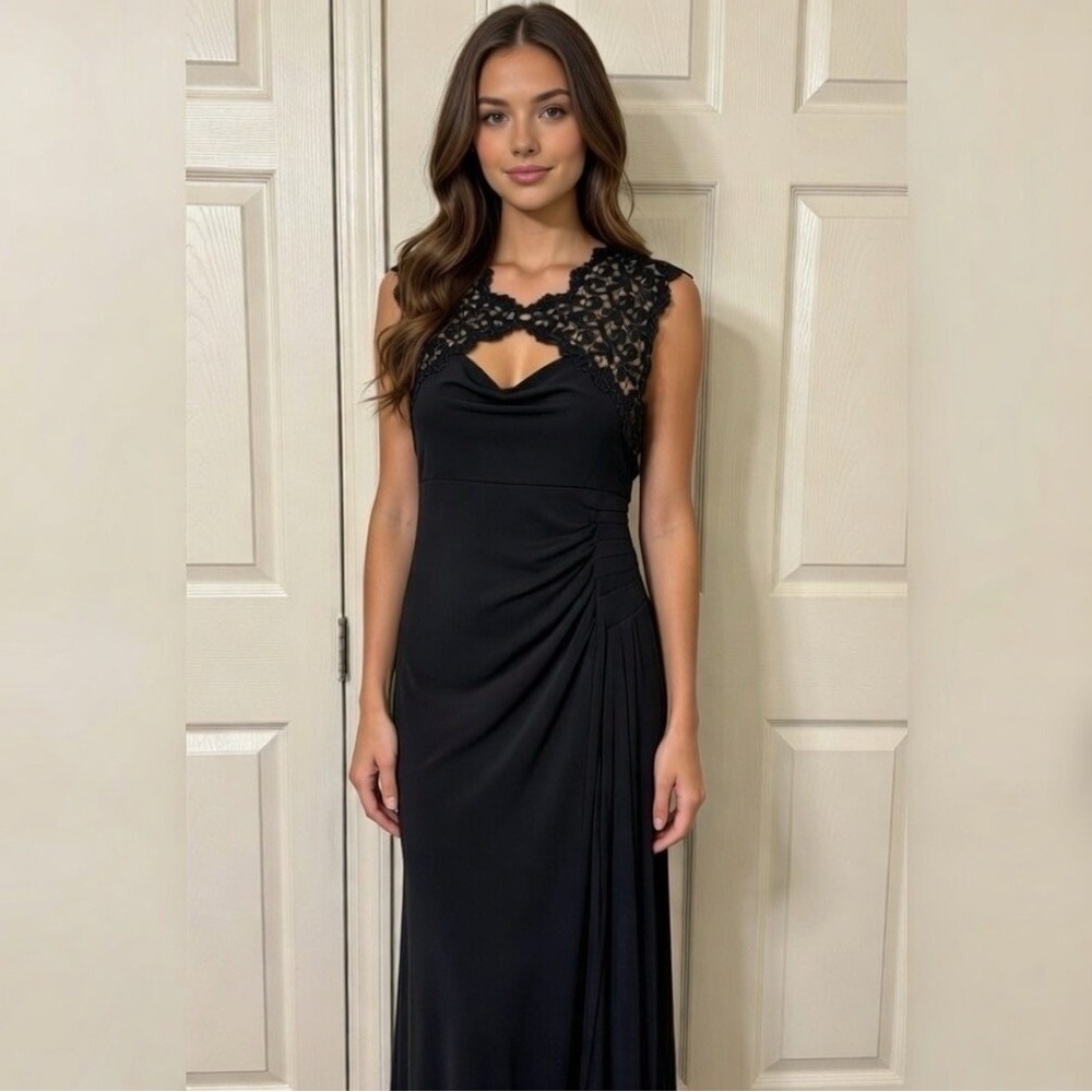 NWT Gorgeous Alex Evenings Black Backless Lace Formal Floor Length Gown - 12P